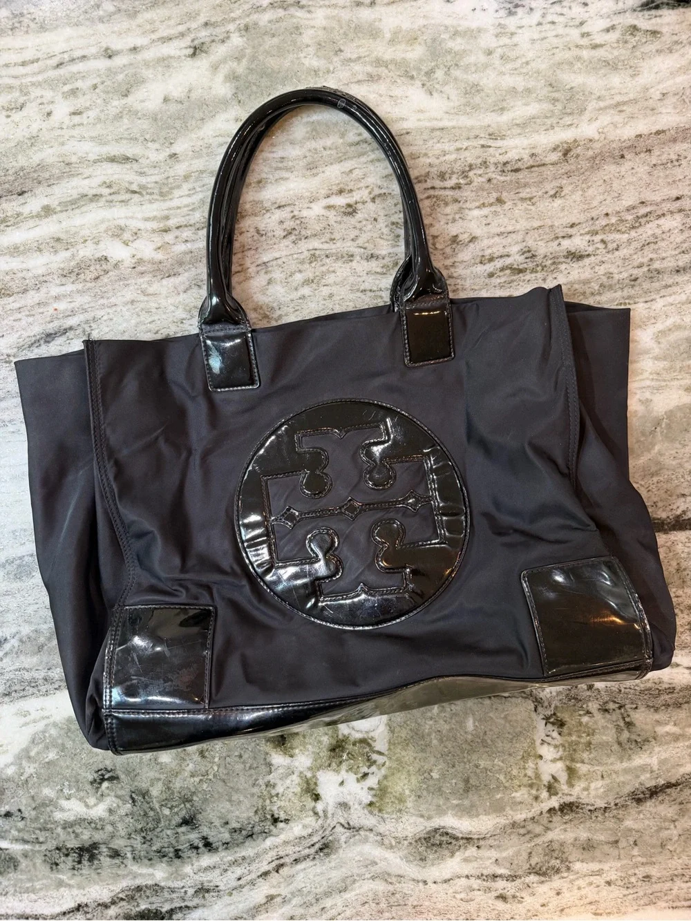 Tory Burch Black Nylon Tote with Glossy Patent Logo